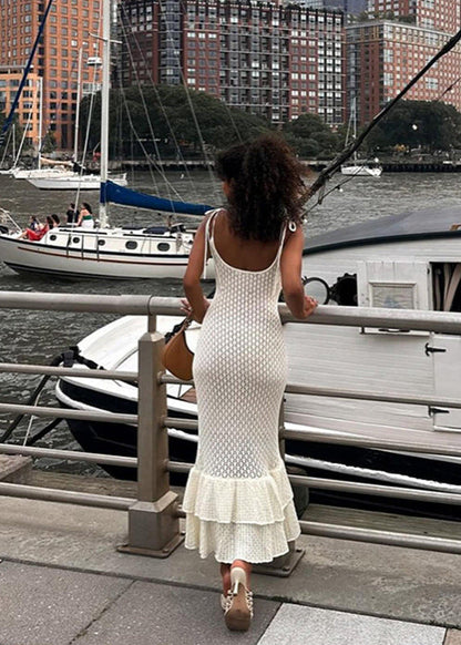 Knit Maxi Dress With Lace Knit And Ruffle Hem