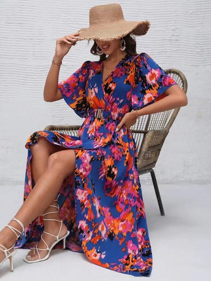 New Short-Sleeved V-Neck Pullover Irregular Beach Dress For Summer