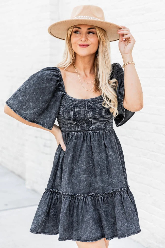 Casual Denim A-Line Dress with Short Sleeves