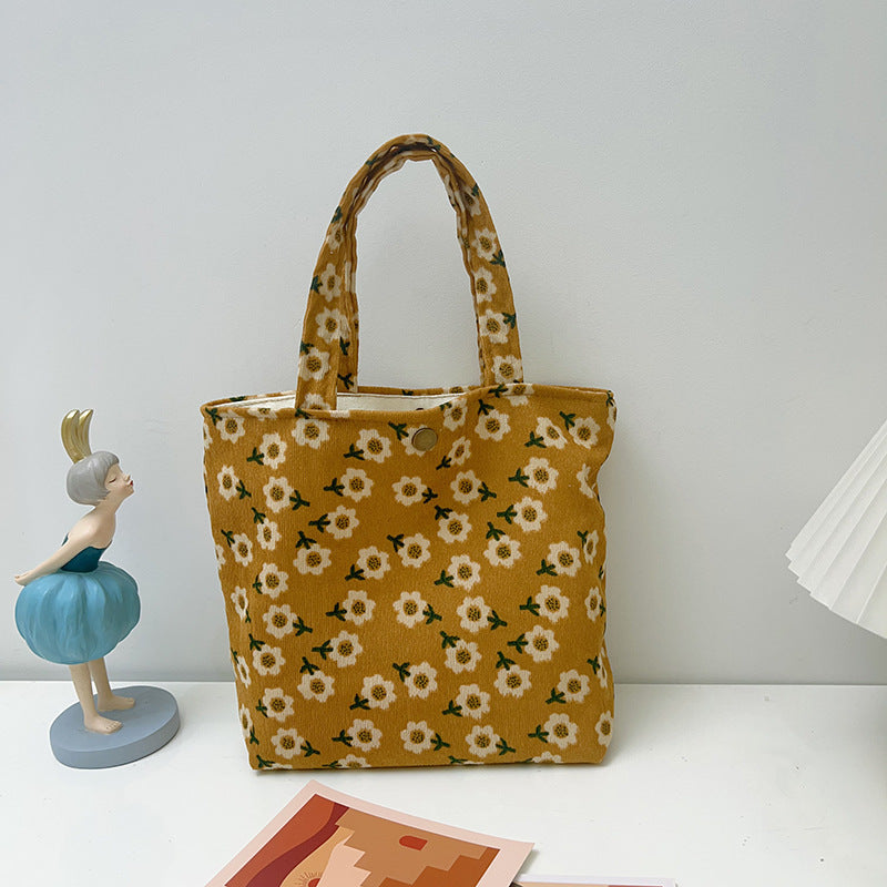 Retro Floral Corduroy Tote Bag Stylish Soft Handbag