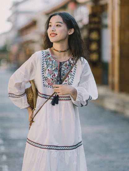 Ethnic Style Embroidered Dress, Heavy Embroidery, Sun Protection, Long Sleeve, Vintage Loose Dress