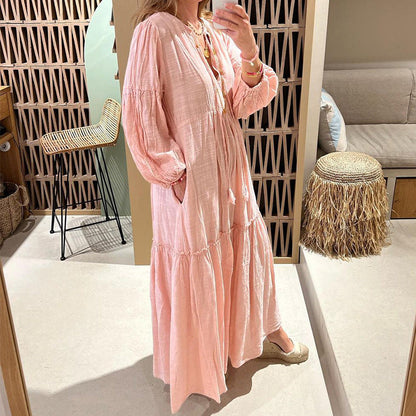 Spring New Cross Border Women'S Fashion V-Neck Bubble Sleeve Bohemian Cotton Hemp Dress