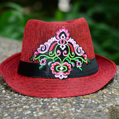 Embroidered Hat In Summer, Straw Hat, Women'S Top Hat, Tibetan Style, Sun Protection, National Style Embroidery In Summer And Autumn