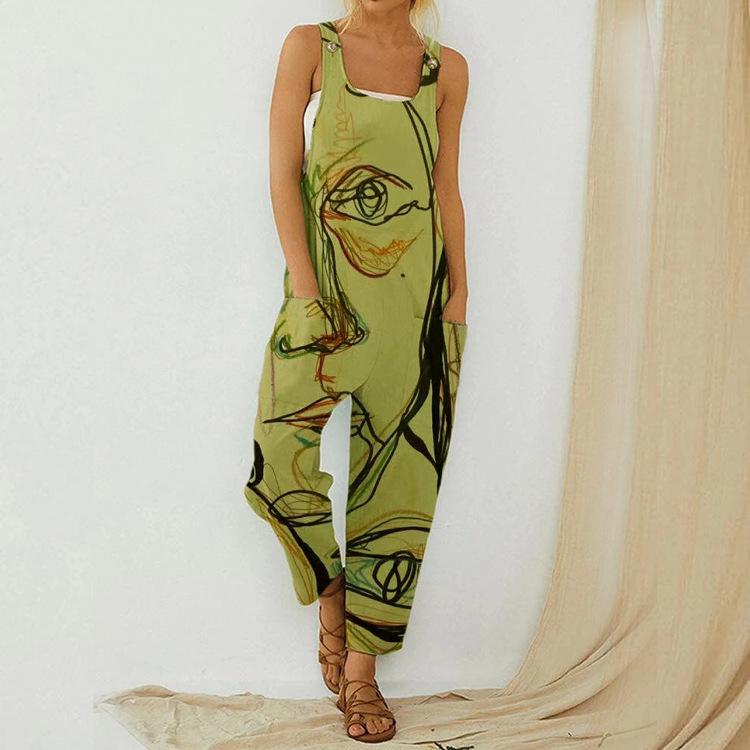Summer Abstract Printing Loose Cotton Linen Suspender Button Suspender Jumpsuit