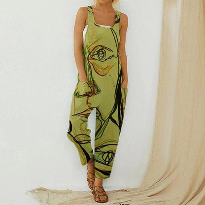 Summer Abstract Printing Loose Cotton Linen Suspender Button Suspender Jumpsuit