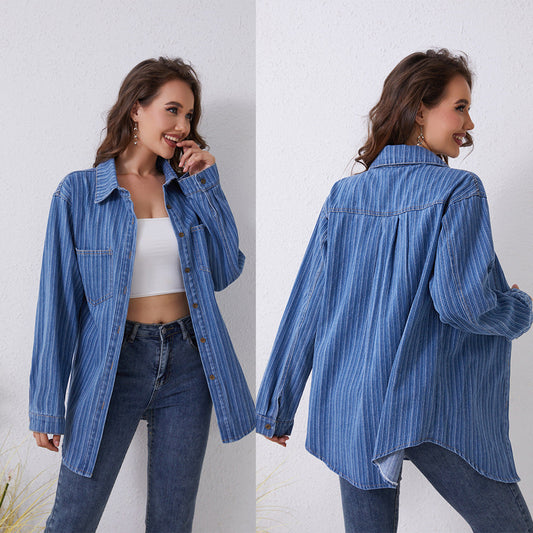 Trendy Casual Women's Denim Shirt with Pockets