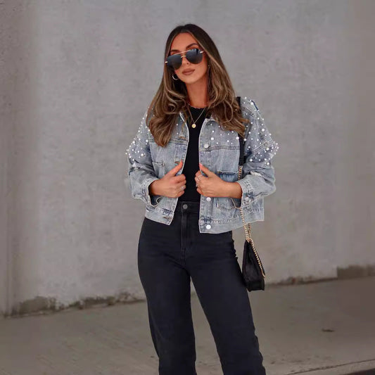 Fashionable Plus Size Denim Jacket with Beaded Details