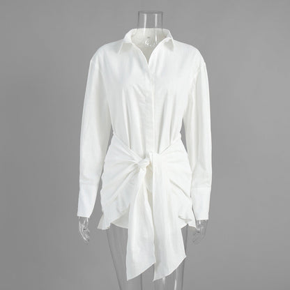 Casual Shirt Dress with Tie Waist Lightweight Solid Color