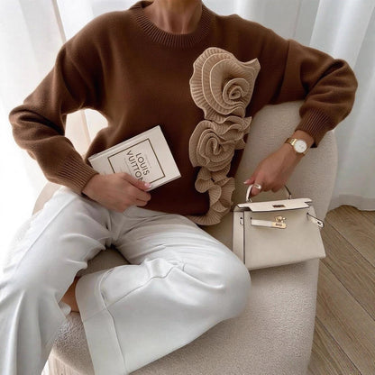 Elegant 3D Floral Round Neck Pullover Sweater