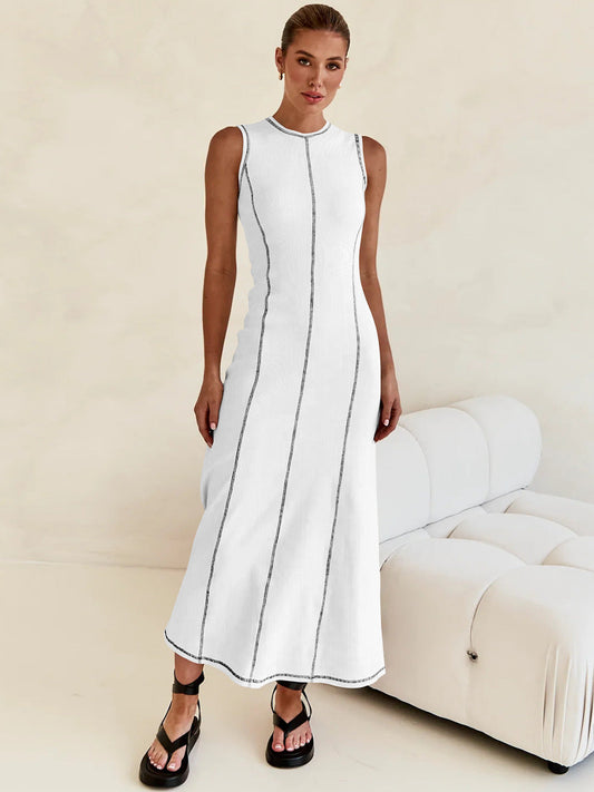 New Y2K Knit Sleeveless A-Line Dress with Round Neck