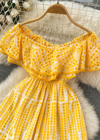 Ruffle Off Shoulder Dress Yellow Embroidered Midi