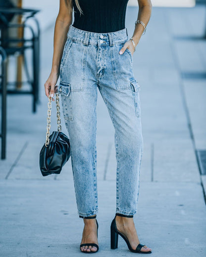 Trendy High-Waisted Light Blue Cargo Jeans