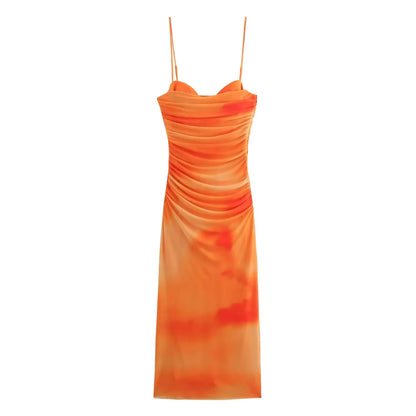 Elegant Mesh Ruched Spaghetti Strap Maxi Dress