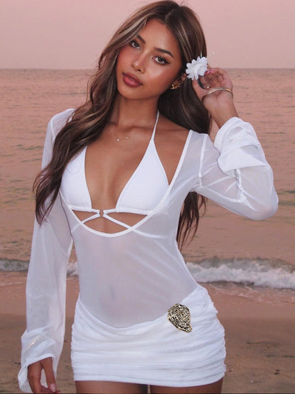 Women's Sexy Lace Up Sheer Long Sleeve Dress