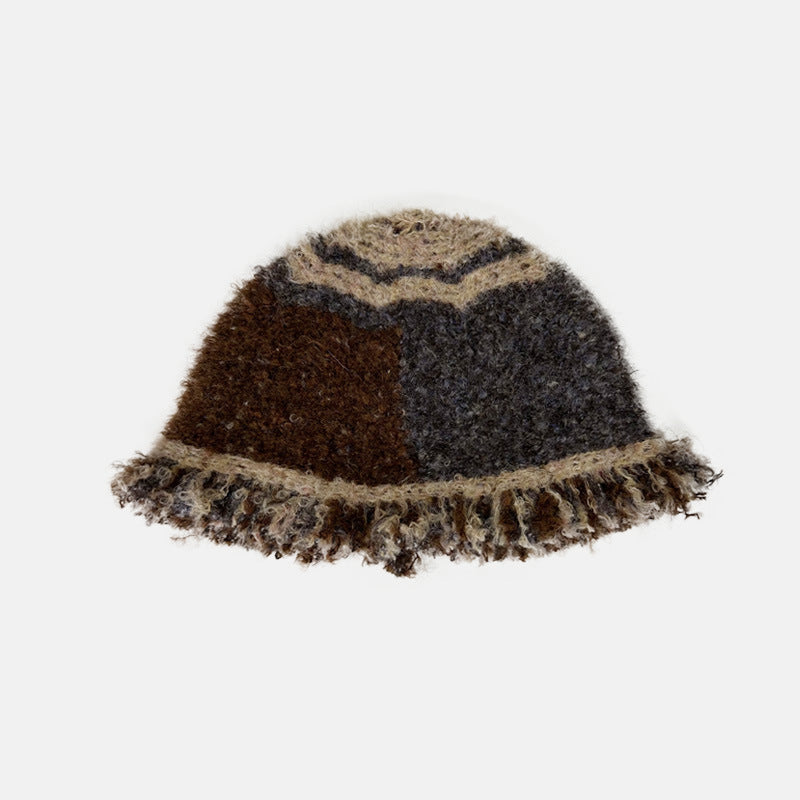 Handmade Wool Blend Color Block Fringe Knitted Beanie Hat
