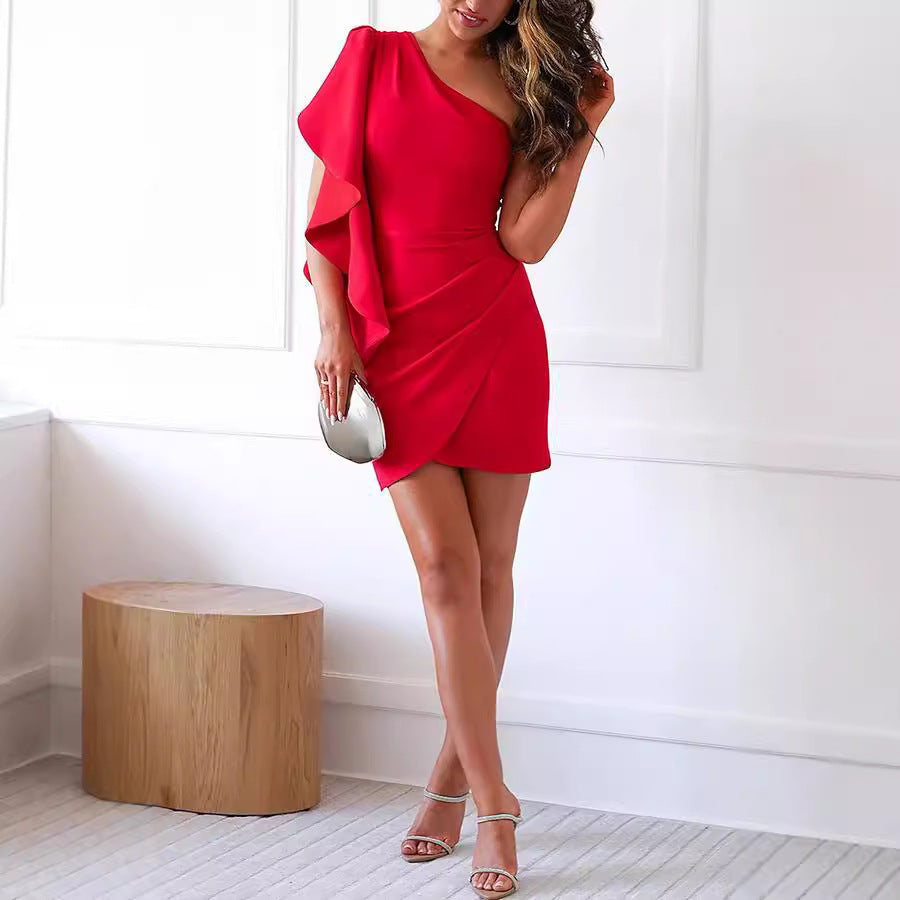 Fit And Flare Ruffle One-Shoulder Dress Elegant Cocktail Gown