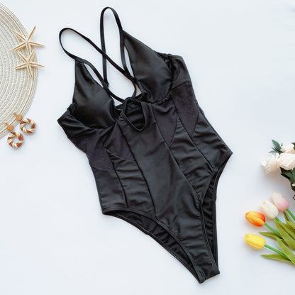 Sexy High Waist One-Piece Swimsuit Women'S Solid Cross Strap Swimsuit