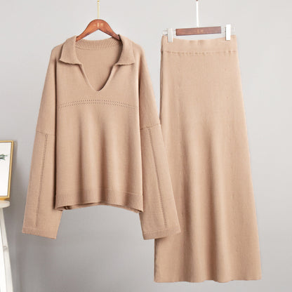 2 Pcs Trendy Knit V-Neck Sweater Maxi Skirt Set