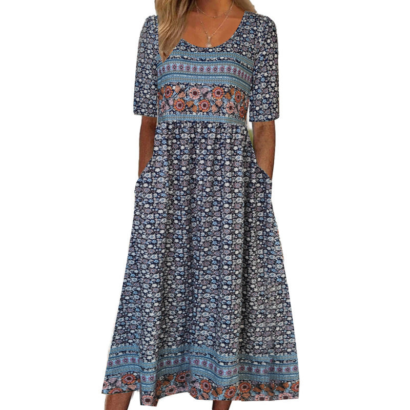 Summer New Women'S Round Neck Short Sleeve Long Skirt Bohemian Print Dress