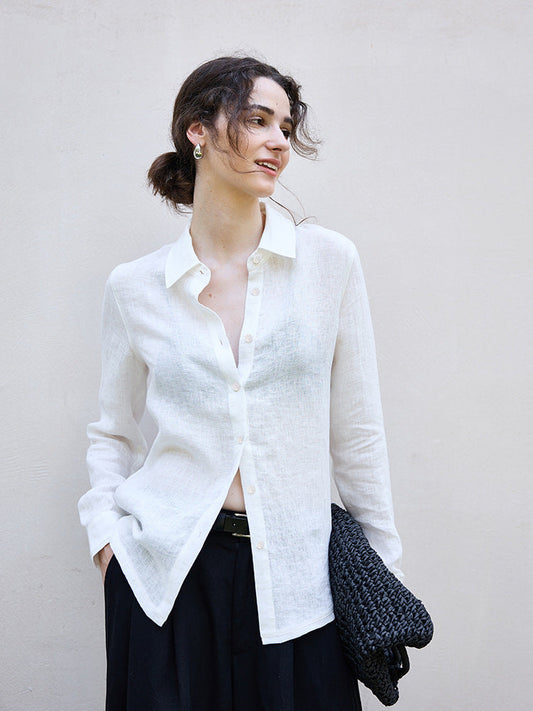 Relaxed Fit Solid Color Linen Shirt For Women