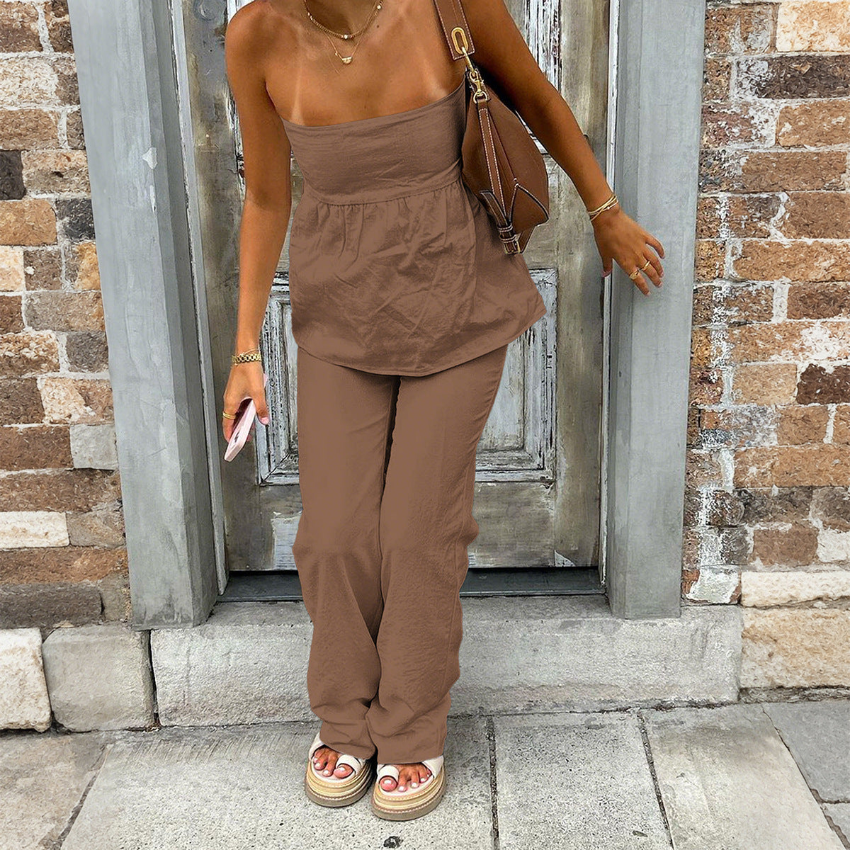 Casual Strapless Top and Straight Leg Pants Set