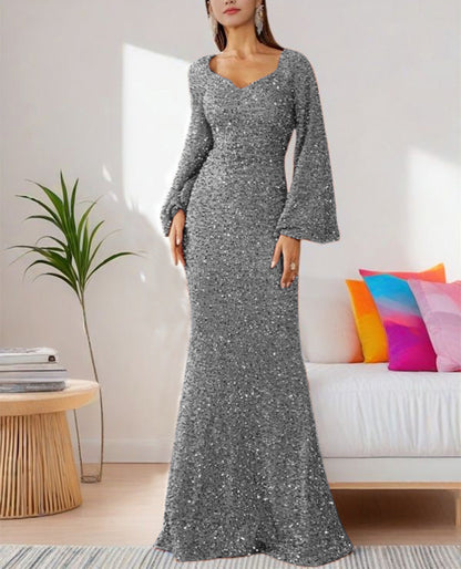 Elegant V-Neck Sequin Midi Dress With Flare Sleeves