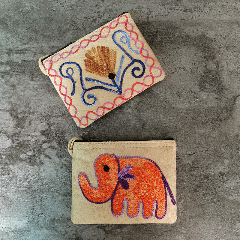 Nepali Hand-Embroidered Suede Ethnic Style Mini Coin Purse Pocket Card Bag Short Fabric Coin Bag