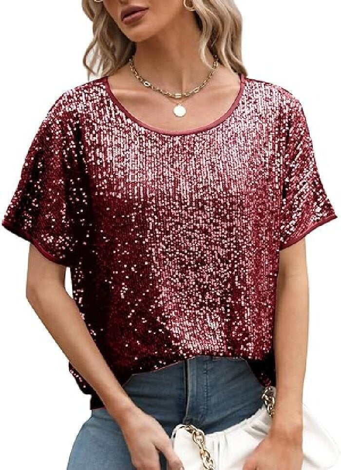 Loose Sequin Deep V-Neck Short Sleeve Top