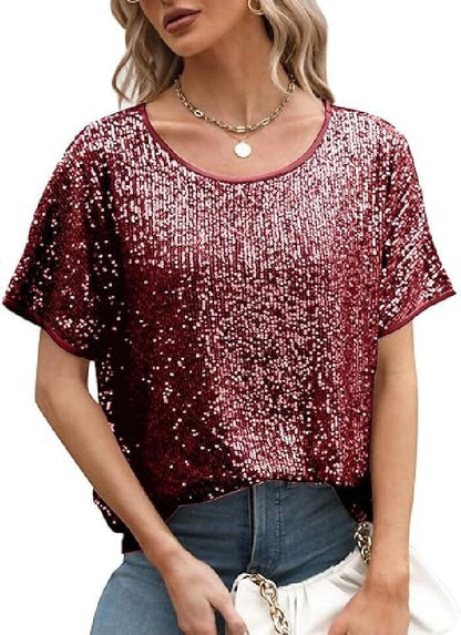 Loose Sequin Deep V-Neck Short Sleeve Top
