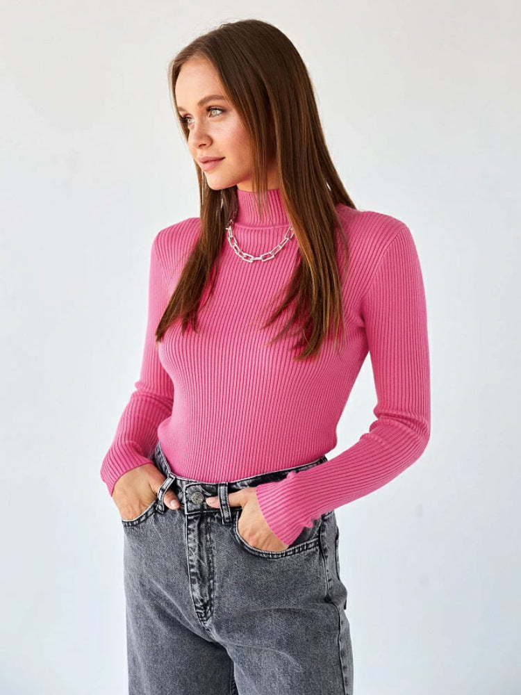 Solid Color High Neck Sweater Slim Fit Knitted Top