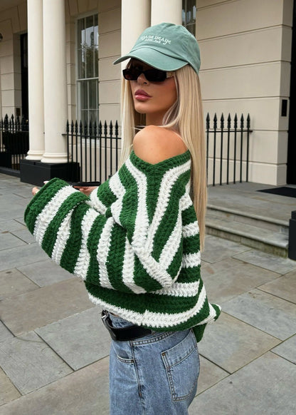 Striped Off Shoulder Knit Sweater In Green And White
