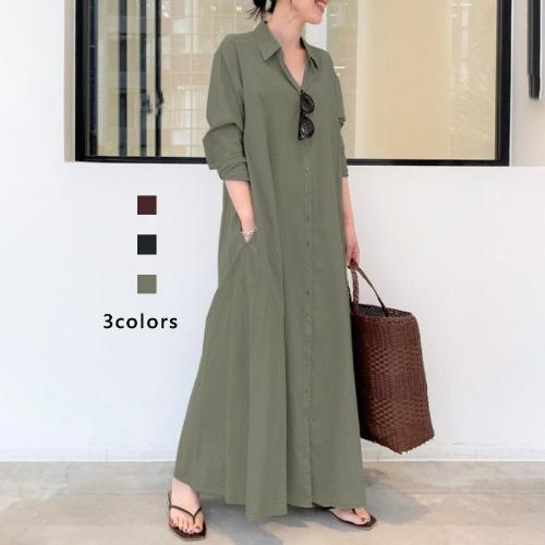 New Solid Color Simple Loose Casual Long Shirt Dress