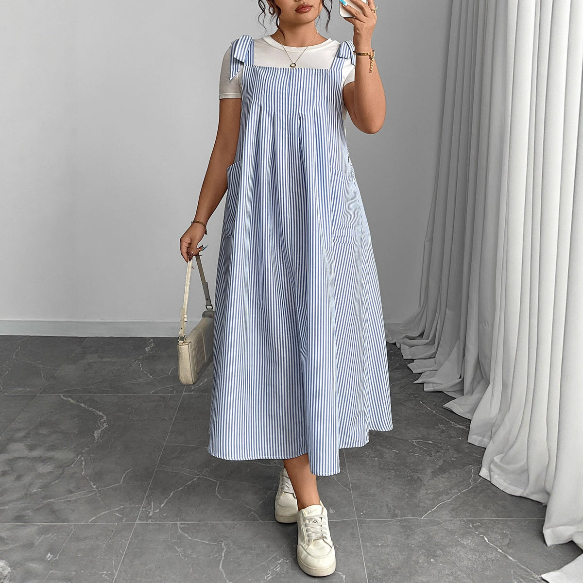 Blue Striped Suspender Dress Plus Size Comfortable Casual Dress