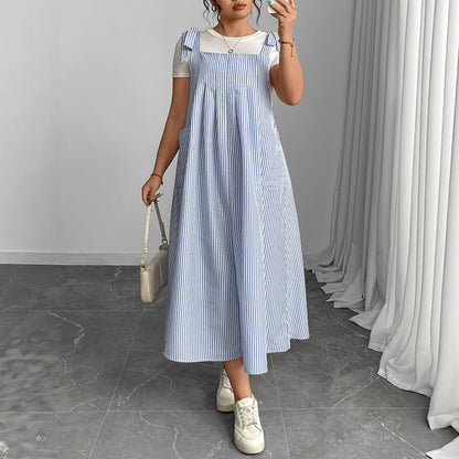 Blue Striped Suspender Dress Plus Size Comfortable Casual Dress
