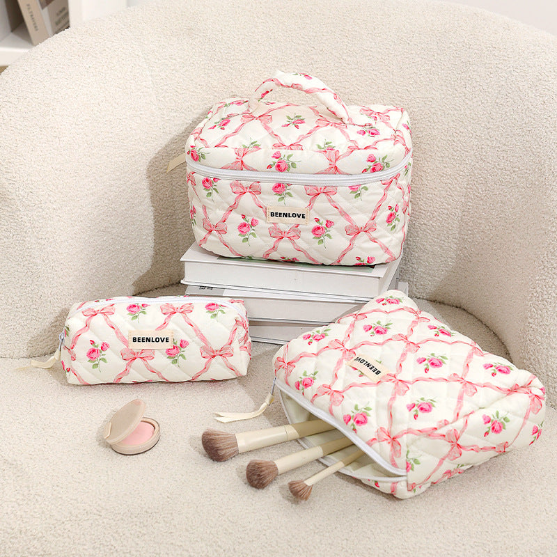Cute Heart Print Cotton Quilted Cosmetic Bag
