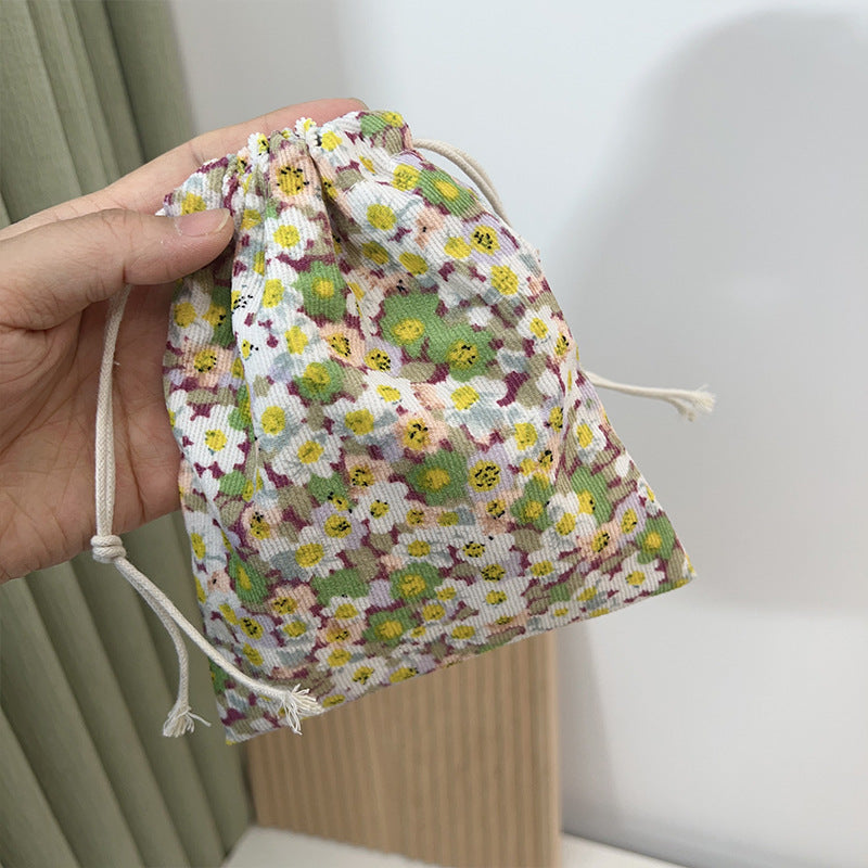 Mini Drawstring Corduroy Canvas Bag Portable Floral Storage Pouch