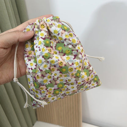 Mini Drawstring Corduroy Canvas Bag Portable Floral Storage Pouch