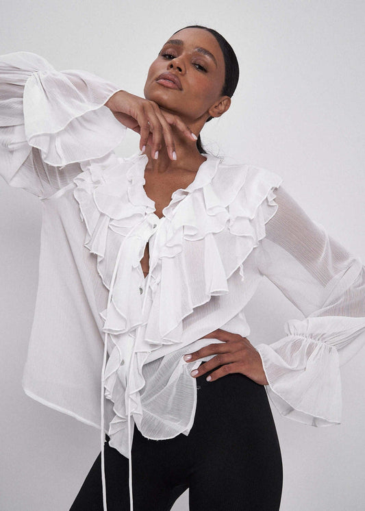 Sheer Chiffon Blouse With Ruffled Bell Sleeves