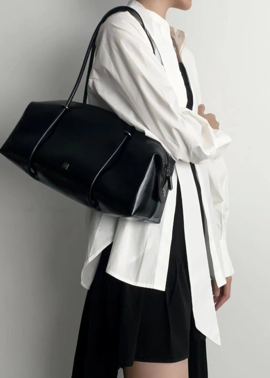 Large Shoulder Tote Bag Durable Black Leather