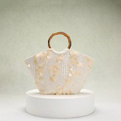 Elegant Floral Sequin Tote Bag With Bamboo Handle
