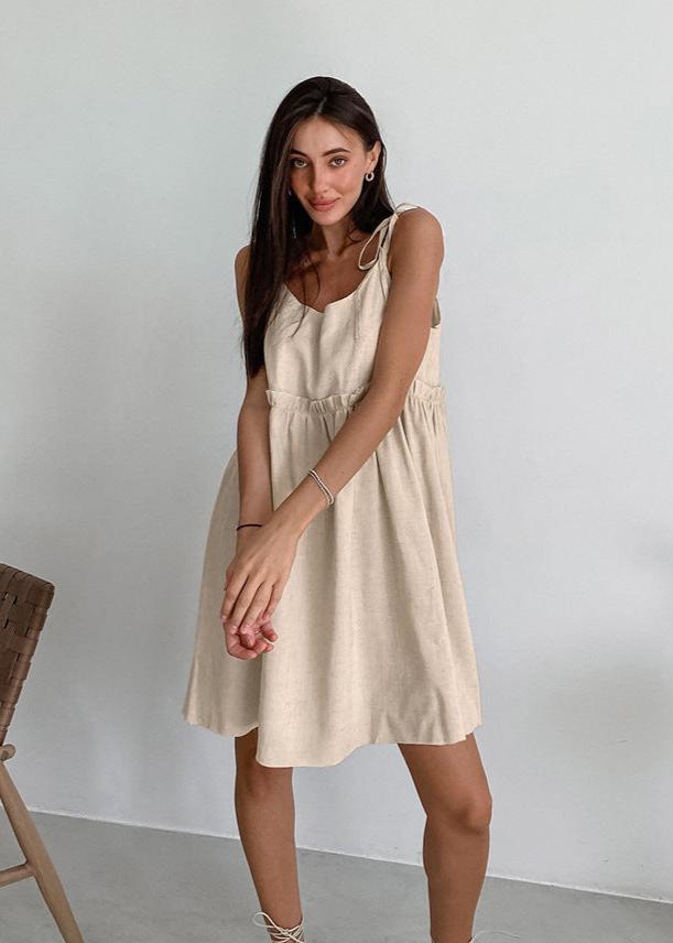 Adjustable Strap Linen Dress With Gathered Waist