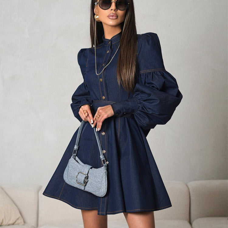 Fashionable Lantern Sleeve Denim Shirt Dress
