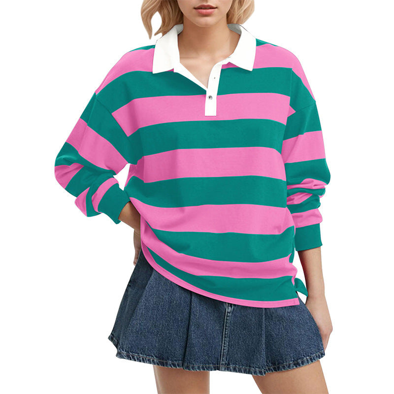 Striped Lapel Collar Long Sleeve Casual Top