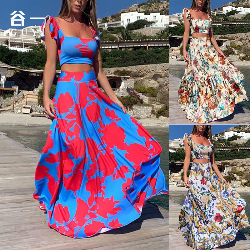 New Women'S Waist Top Fashion Sexy Dress Long Dress Two-Piece Set
