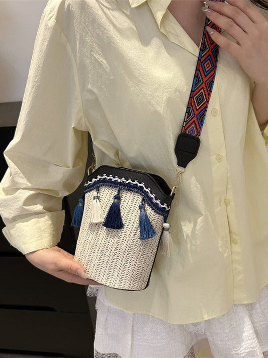 Ethnic Style Woven Bucket Bag Casual PU Crossbody Bag