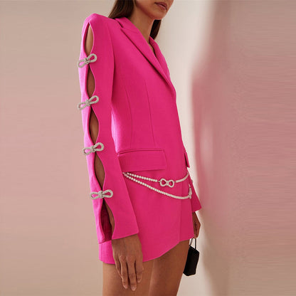 Elegant Blazer Dress With Hollow Design And Pearl Bow