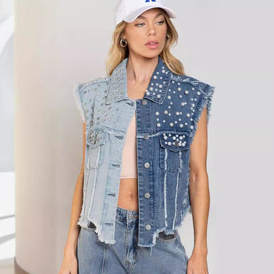 Denim Vest With Rhinestone Detail Loose-Fit Casual Top
