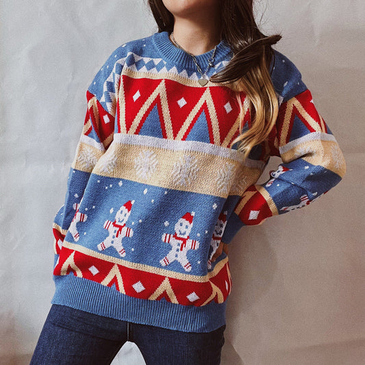 Casual Christmas Sweater New Year Theme Round Neck Long Sleeve Pullover Women