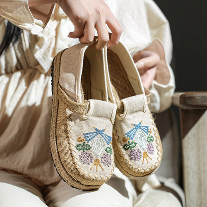 Summer New Ethnic Style Women'S Single Shoes Lazy One Step Round Toe Thick Sole Cotton Hemp Embroidered Shoes