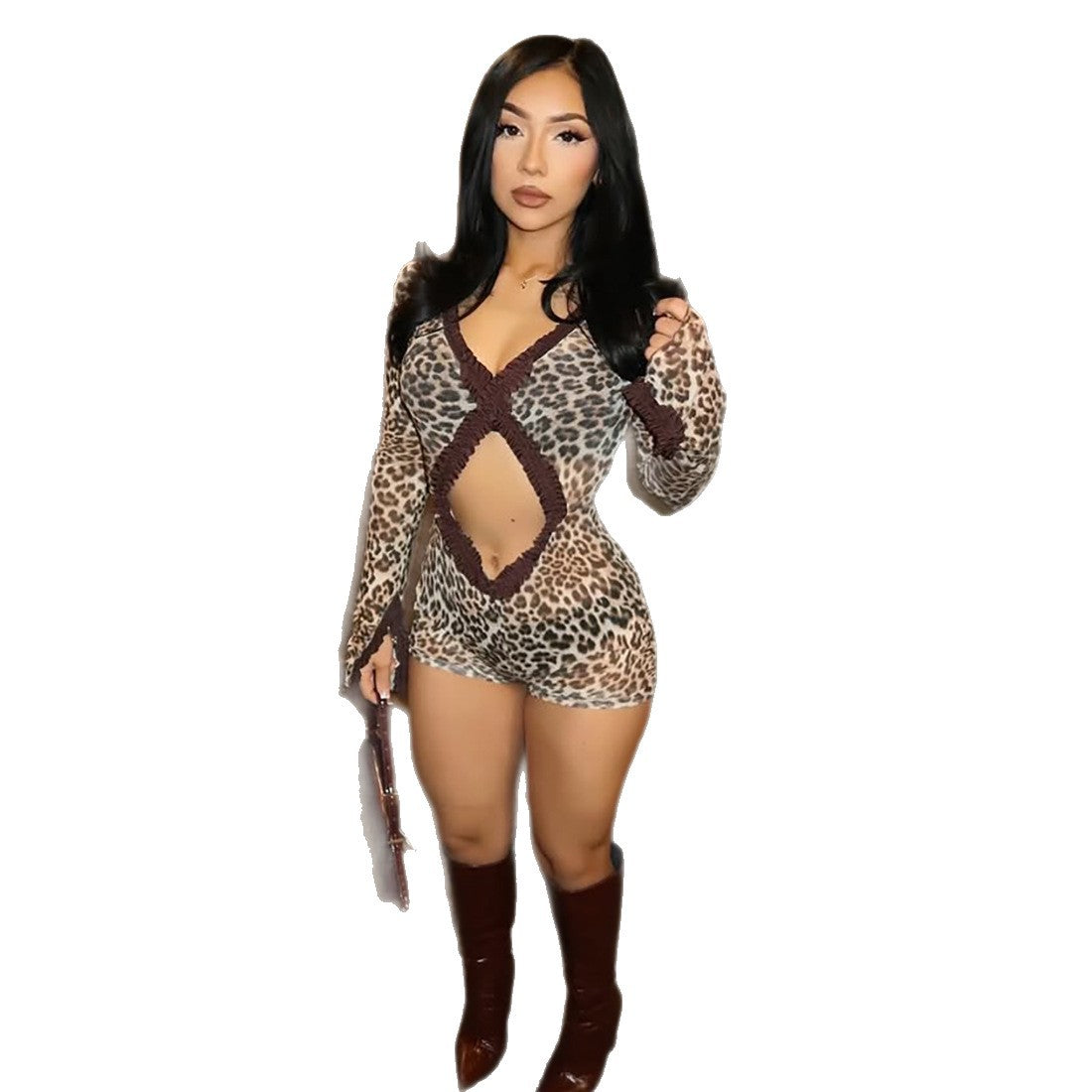 Trendy Leopard Print Bodysuit Slim Fit See-Through Jumpsuit